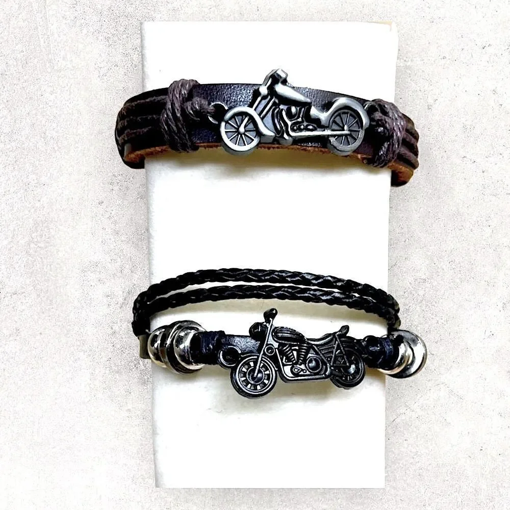 2 Motorcycle Lovers  Bracelets l Black & Brown Leather l New
